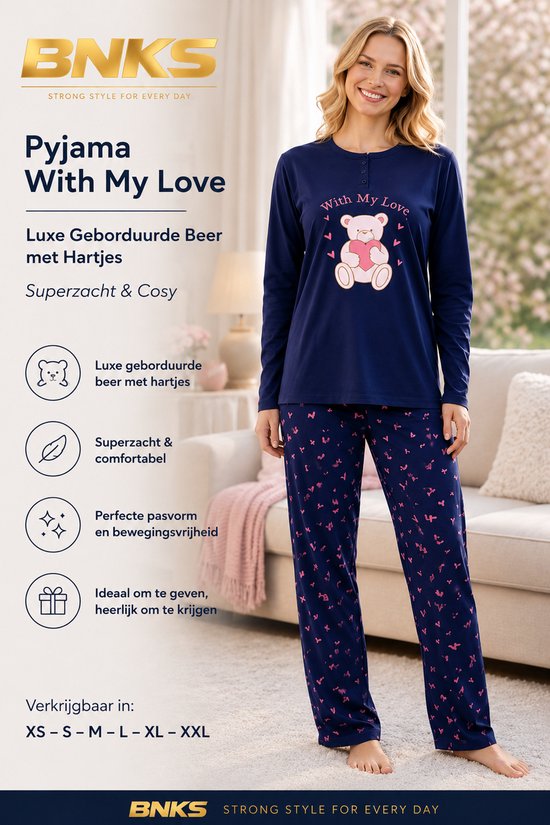 Pyjama “With My Love” – Luxe Geborduurde Beer met Hartjes | Superzacht & Cosy - dames pyjamaset