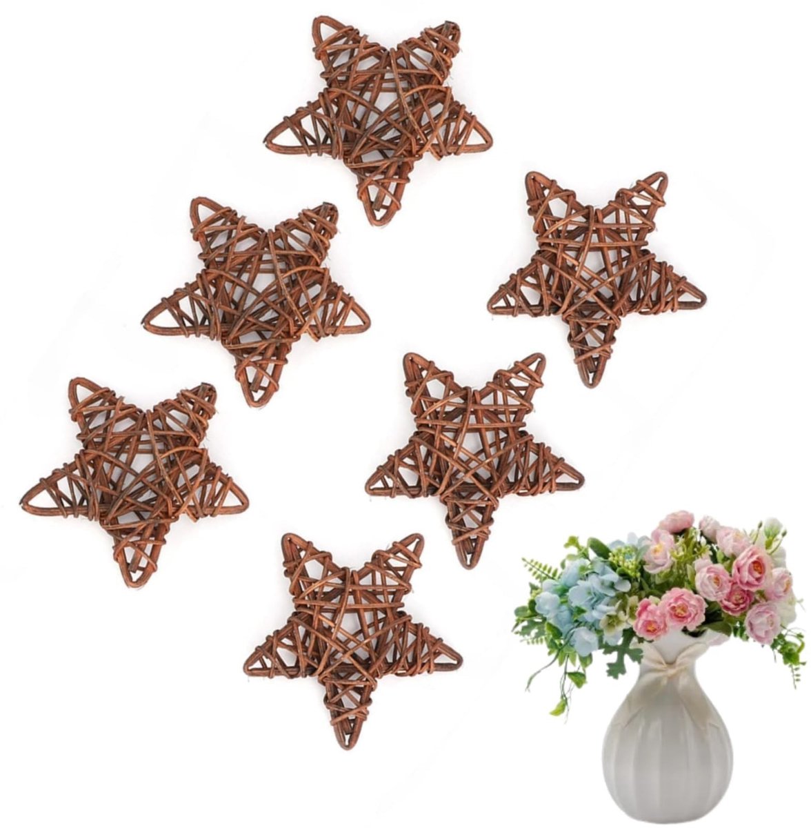Dailygoods- Rotan Sterren 6 Stuks - Handgemaakte Decoratie Ballen - Vaasvullers - Lichtgew