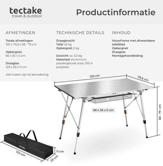 tectake®- Aluminium campingtafel kampeertafel - in hoogte verstelbaar - LxBxH: ca. 120x70.5x58-79cm - Inc. draagtas - zilverkleurig van TecTake — afbeelding 4