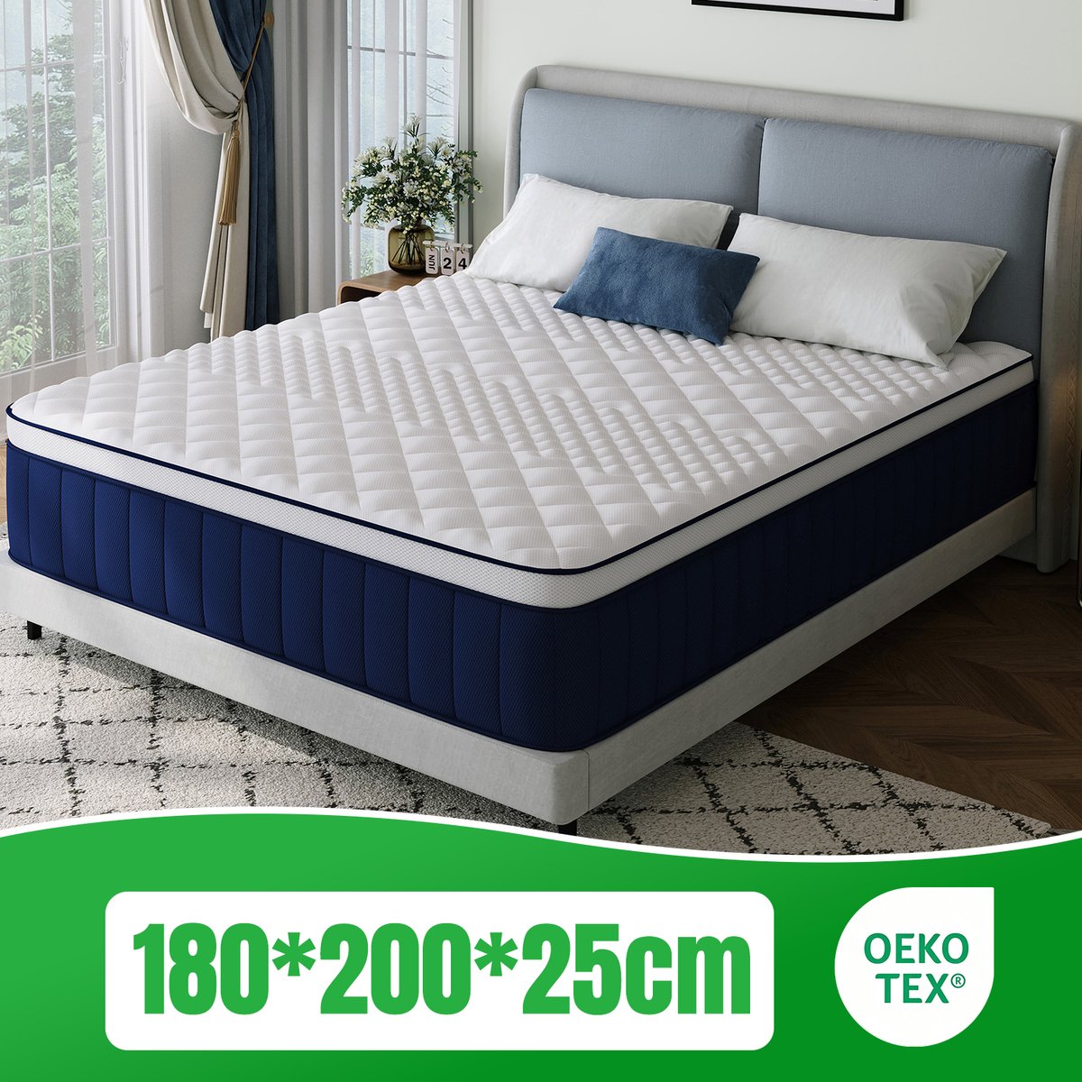 Fukstern Matras 180 x 200 cm - Pocketvering Matras 25cm Dik - 7 zones - OEKO-TEX Gecertificeerd - Anti-Allergische - Orthopedisch Eenpersoonsmatrassen - H3/H4 Medium Hard - 10 Lagen Hoogwaardige Materialen - Voor Kinderen en Volwassenen
