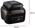 Zwarte Russell Hobbs airfryer met koperkleurige rand, gesloten deksel en digitaal bedieningspaneel. Afmetingen 320mm x 282mm.