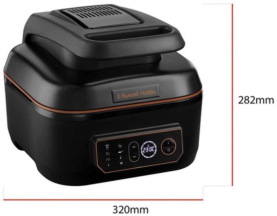 Zwarte Russell Hobbs airfryer met koperkleurige rand, gesloten deksel en digitaal bedieningspaneel. Afmetingen 320mm x 282mm.
