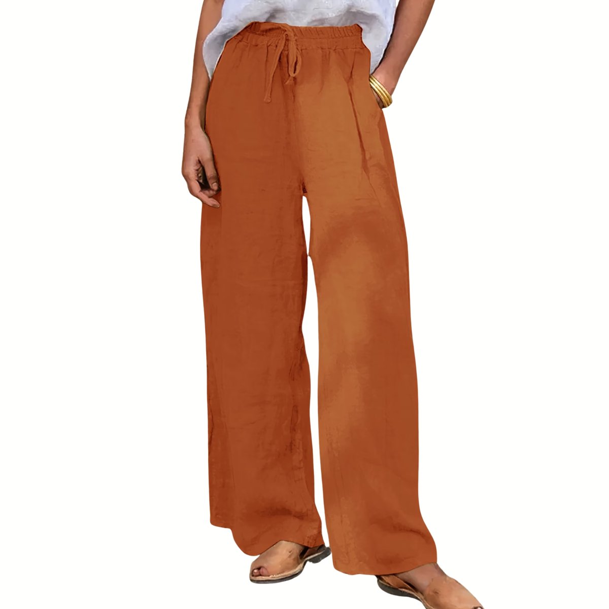 Currero Linnen Broek Dames Zomerbroek Volwassenen Lange Broek Pantalon Strandbroek Zomer Ibiza Stijl Mandarijn Mandarin