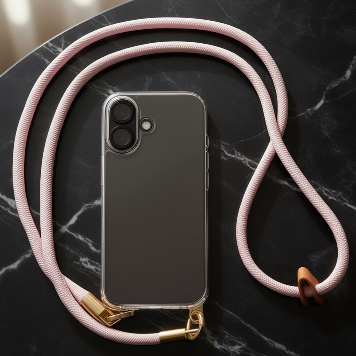 iPhone 17 Hoesje met Luxe Telefoonkoord – Transparante Case met Crossbody Lanyard – Fashion Telefoonkoord Dames – Dubbele Gouden Bevestiging – Inclusief Adapter – Roze Paars