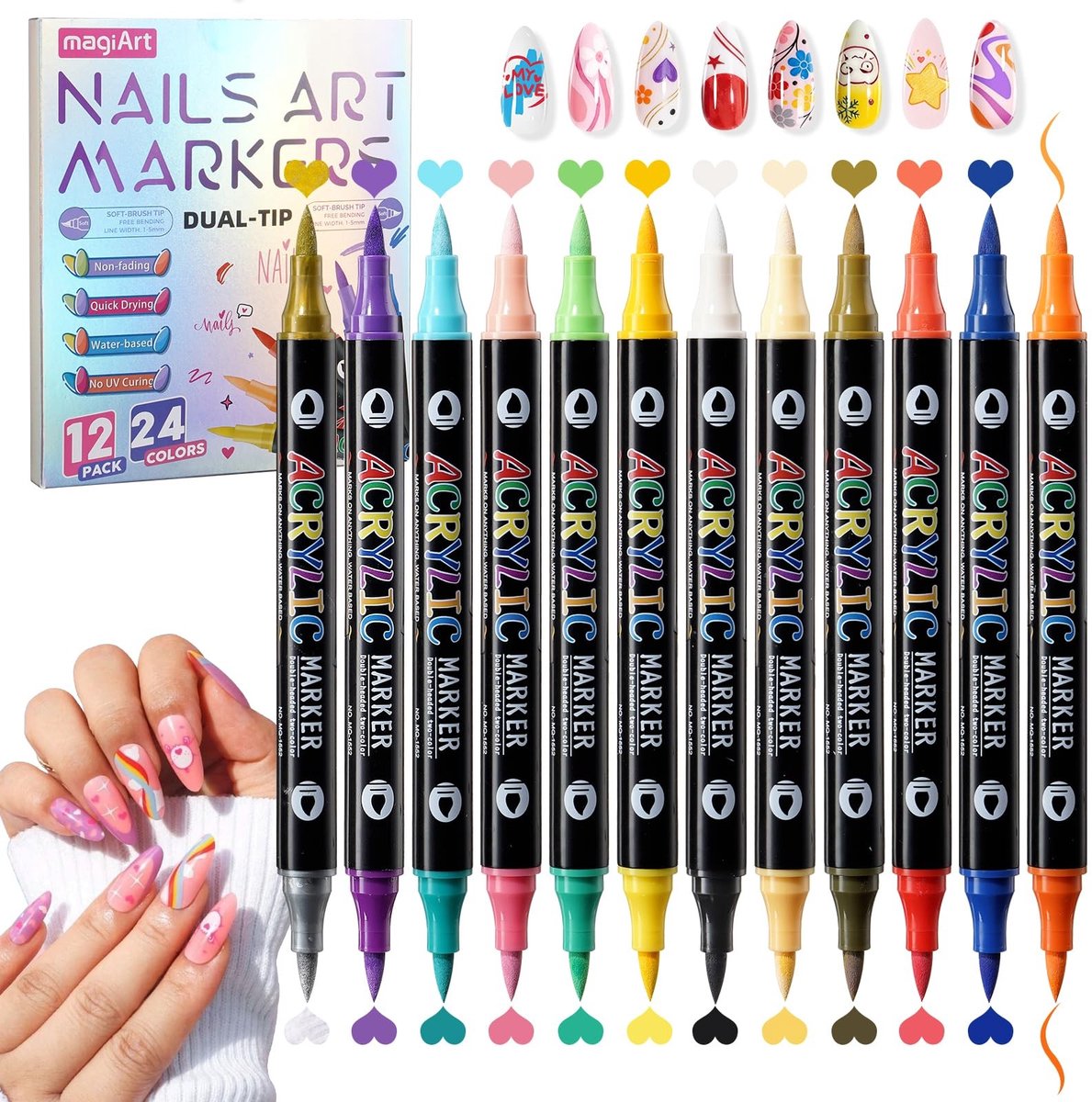 Dailygoods- Nagellakstift 12 stuks - 24 kleuren - Dual-tip - Nail art pennen - Doe-het-zelf nagelkunst - Geschikt voor beginners en professionals - Nail Art Pen