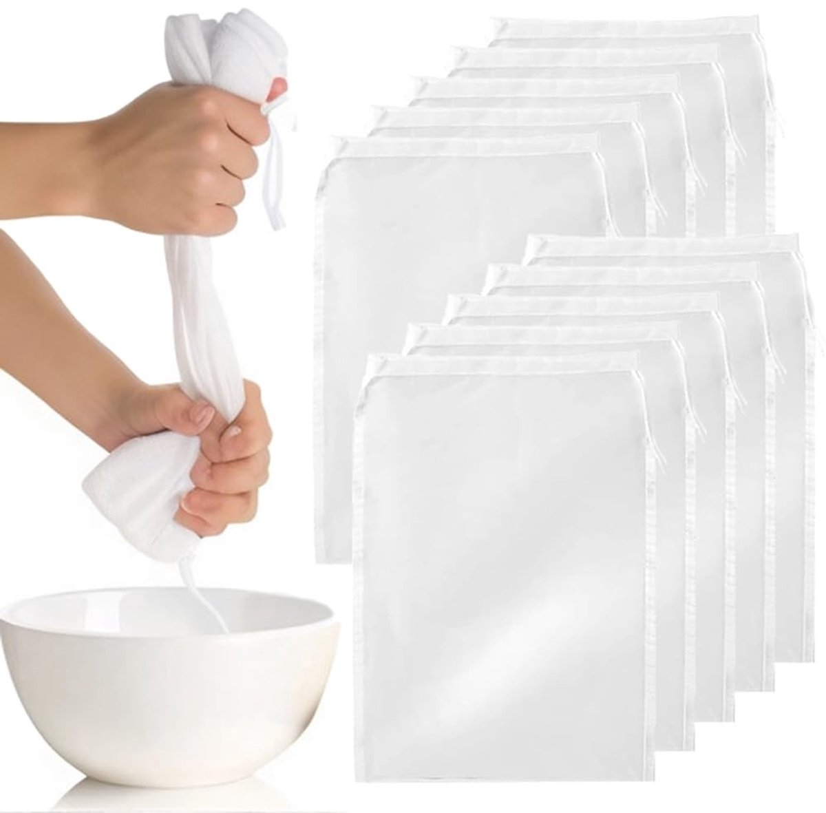 Dailygoods- Notenmelkzakken 10 stuks - Fijnmazige Kaasdoek - Herbruikbaar Nylon - Trekkoord Filterzakken - Afmetingen 20x30 cm - Veilig en Duurzaam