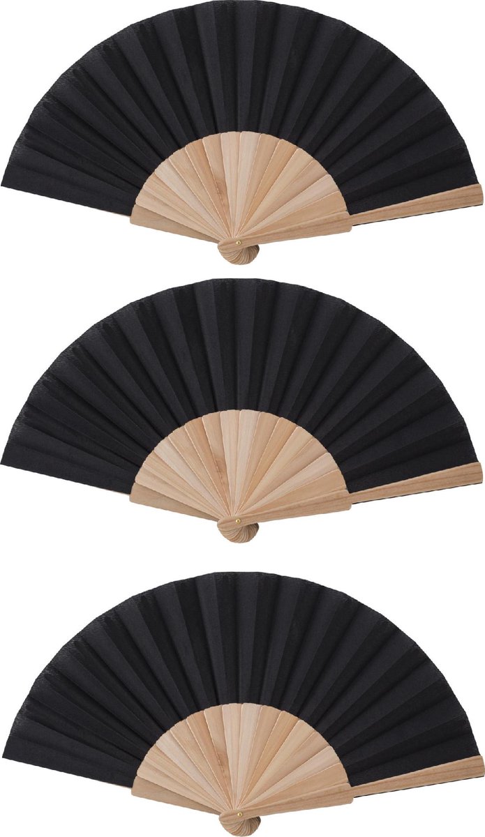 Lupine - Handwaaier - Set van 3 - Zwart - Hout & Polyester - Waaier 41 x 22 cm