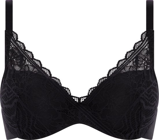 Soutien-gorge noir en dentelle avec armatures et bretelles réglables.