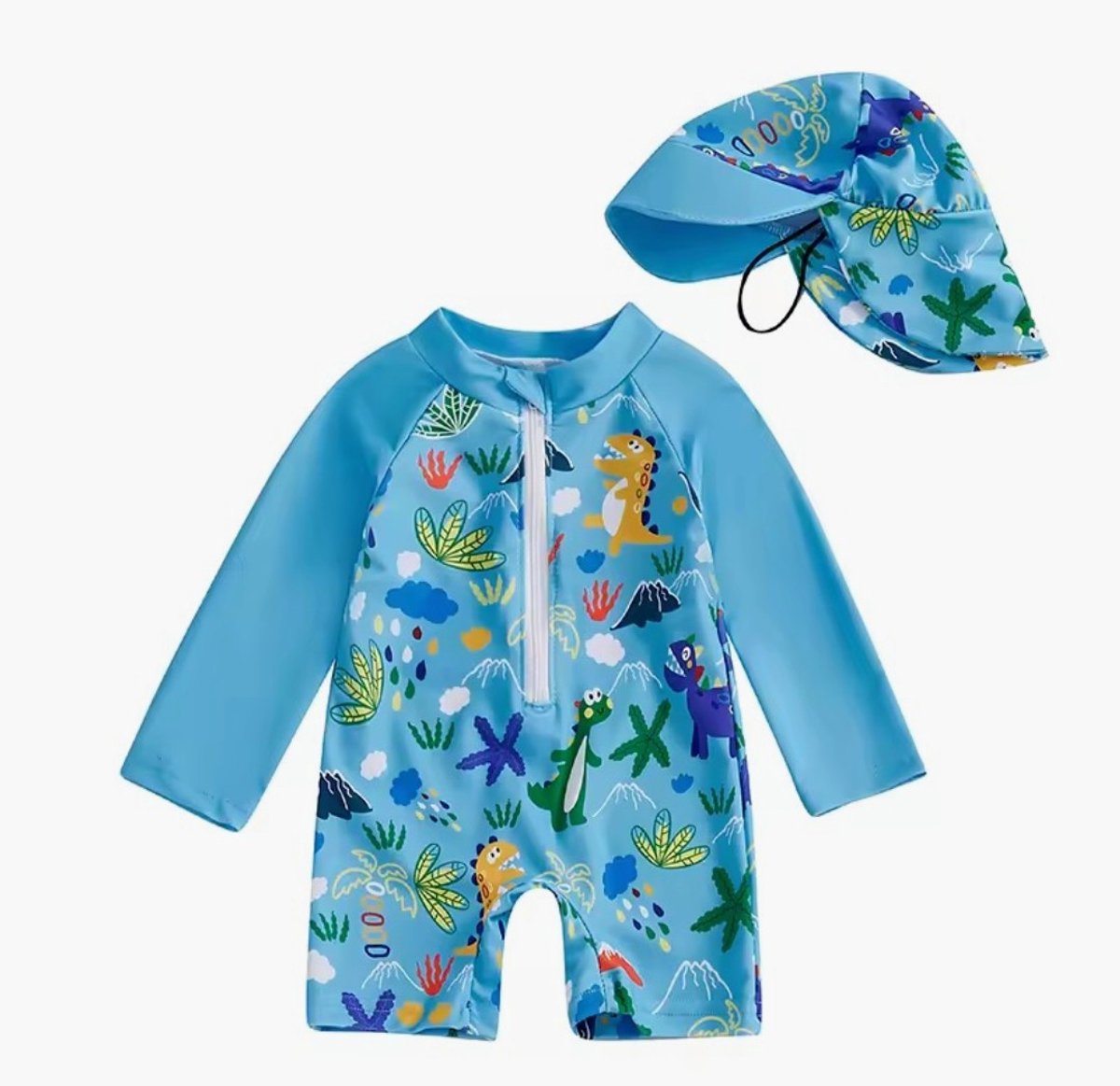 Zwempak UV baby - UV zwempak baby 1 jaar - Zwemset UV - Zwempak lange mouwen - Zwemonesie - Dino print - Zwempak - Badpak - Maat 80 - Zwempak met zonnehoedje - Zwemset UV peuter