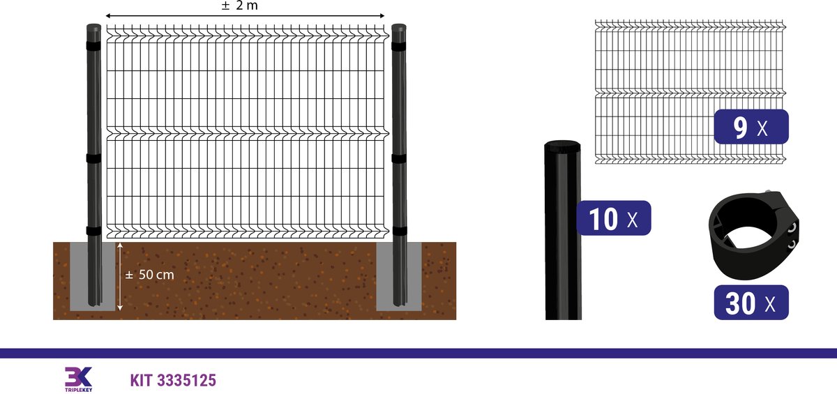 KIT 40 draadpaneel + palen en klemmen, lengte 18m, hoogte 153cm, kleur zwart RAL 9005