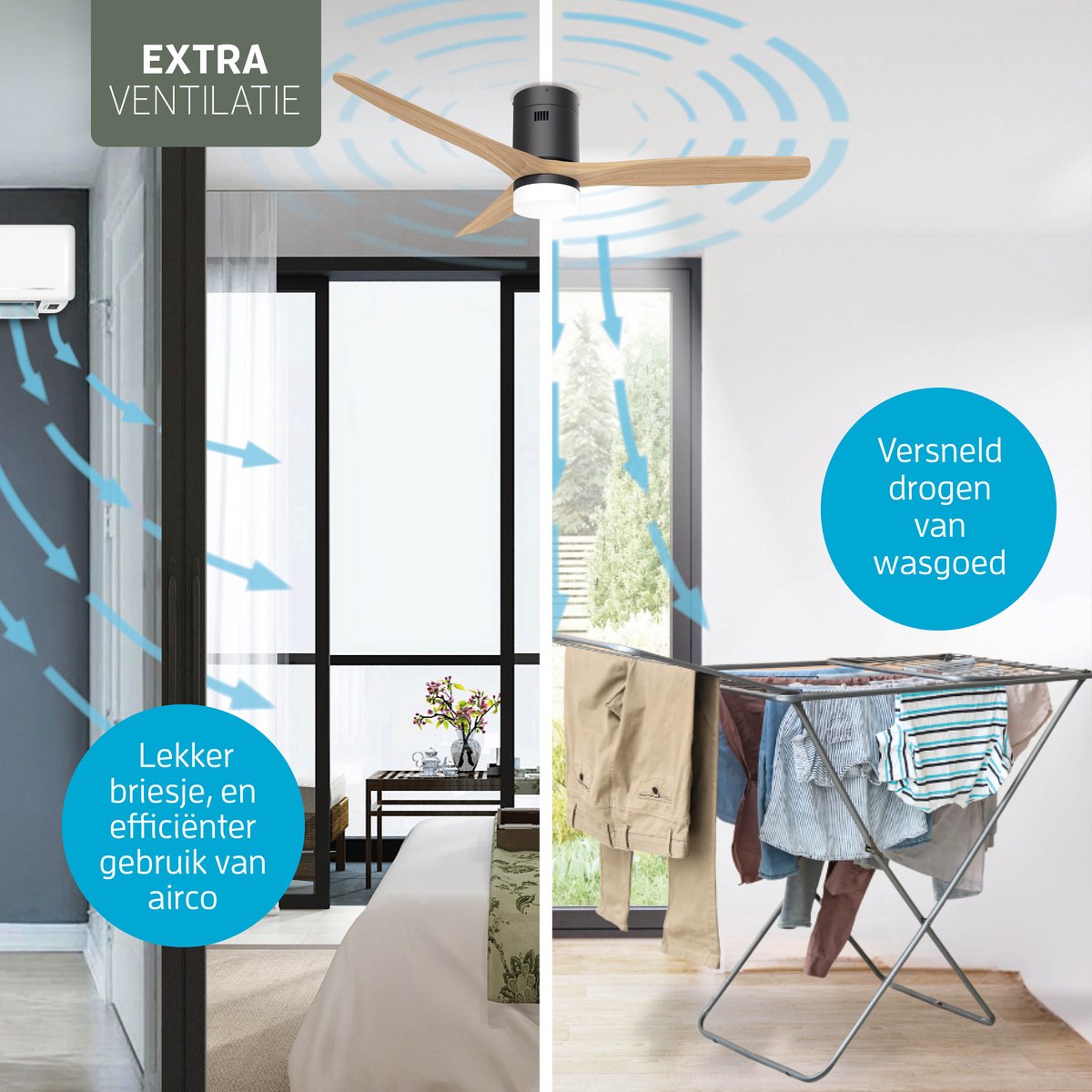 Varin® Smart Ventilator met LED verlichting - Zwart/Naturel - Tuya Wifi - LED 18W CCT - Lange bladen - Ø 132cm - 6 snelheden - Super stil 20dB - Met afstandsbediening en app - Ventilatorkachel - Ventilatoren plafond - Verkoeling en verwarming — afbeelding 4