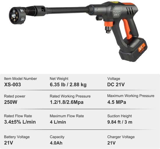Archi Draadloze Hogedrukreiniger - Hogedrukspuit - 1.1 GPM - Handhogedruk - Autowaspistool - 6-in-1 Mondstuk - Voor Auto, Tuin en Terras — afbeelding 4