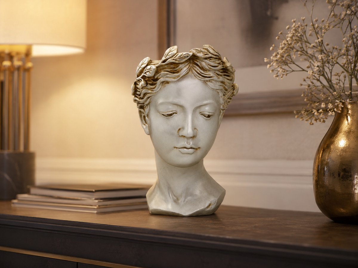 Decoratief Vrouwenhoofd Beeld met Bladeren – Antiek Zilver Bloempotbeeld 14 x 12 x 19 cm – Kleine Vaas / Plantenpot / Sierbeeld – Polyresin Woondecoratie voor Dressoir, Vensterbank, Salontafel, Sidetable, Kast & Klassiek Interieur