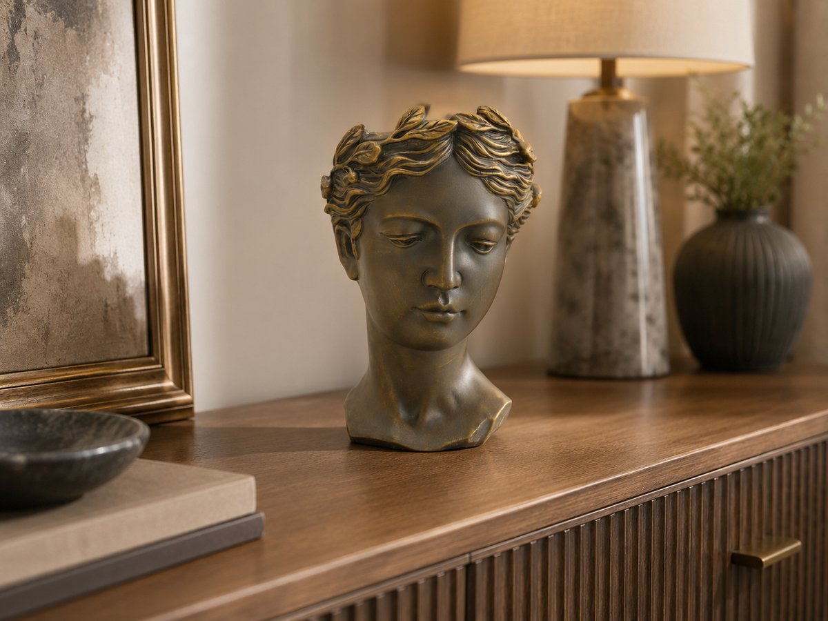 Decoratief Vrouwenhoofd Beeld met Bladeren – Antiek Brons/Goud Bloempotbeeld 14 x 12 x 19 cm – Kleine Vaas / Plantenpot / Sierbeeld – Polyresin Woondecoratie voor Dressoir, Vensterbank, Salontafel, Sidetable, Kast & Klassiek Interieur