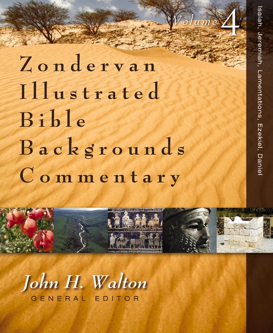 Boekcover van Zondervan Illustrated Bible Backgrounds Commentary, Volume 4, met woestijnzandduinen, rivierdal, oude afbeeldingen en een buste.
