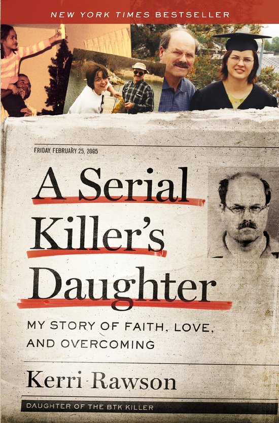 Couverture de livre avec le titre 'A Serial Killer's Daughter' et une photo de Kerri Rawson.