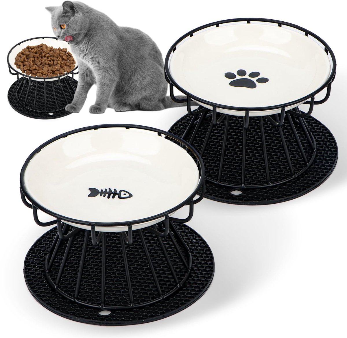 Dailygoods- Kattenbakverhoging 10 cm - Verhoogde Voerbak - Antislip Standaard - Keramiek Set - Vermindert Braken - Inclusief Bakmat