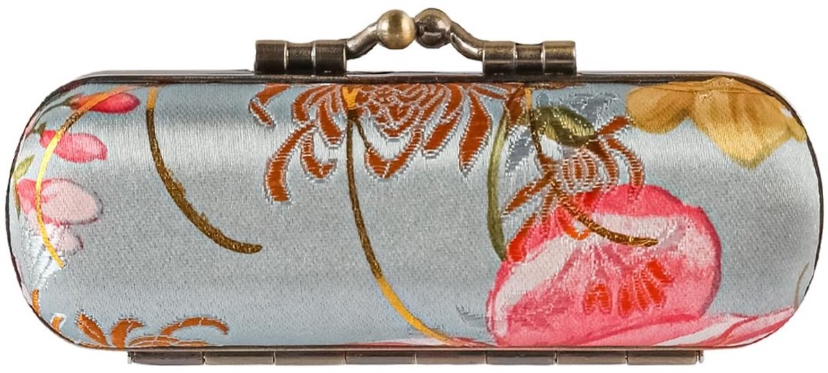 Dailygoods- Lippenstiftdoos Vintage Borduurwerk - Draagbare Cosmetica Organizer - Satijnen Houder met Spiegel - Compacte Opbergdoos - Elegant Retro Design - Afmetingen 9,8 x 3,5 x 3 cm