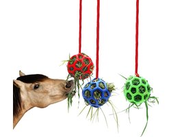 Paardenhooiballen – 3-pack – Felgekleurde voerballen – Hangende hooivoeders voor paarden – Inclusief ophangtouwen – Stalbenodigdheden– Hooiballen – Voerballen voor paardensnacks – Geschikt voor stallen, weides en paddocks