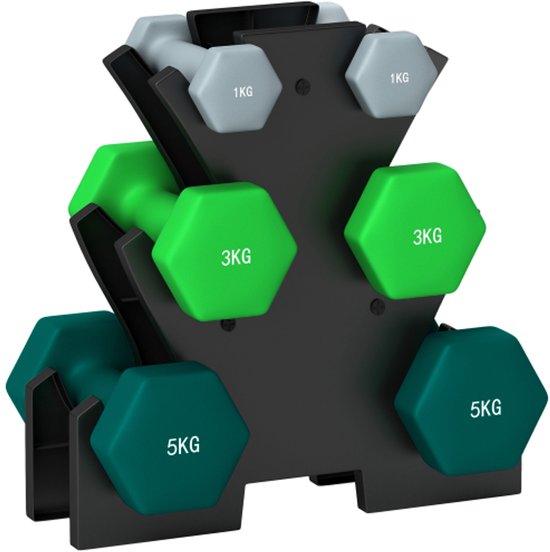 Halterstandaard met grijze, groene en blauwe halters van 1kg, 3kg en 5kg.