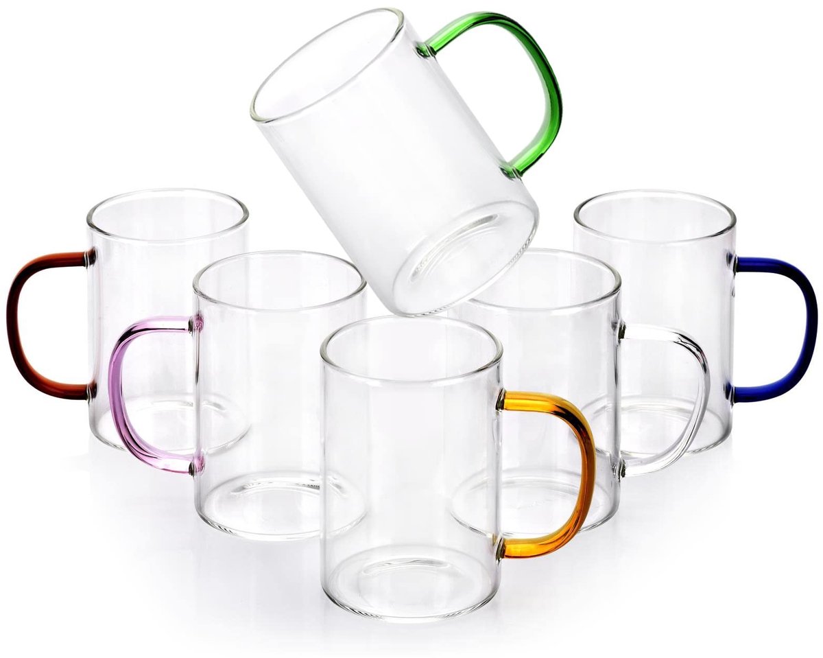 Dailygoods- Glazenset 320 ml - Waterglazen - Koffieglazen - Sapglazen - Set van 6 - Gekleurd handvat - Borosilicaatglas - Drinkglazen