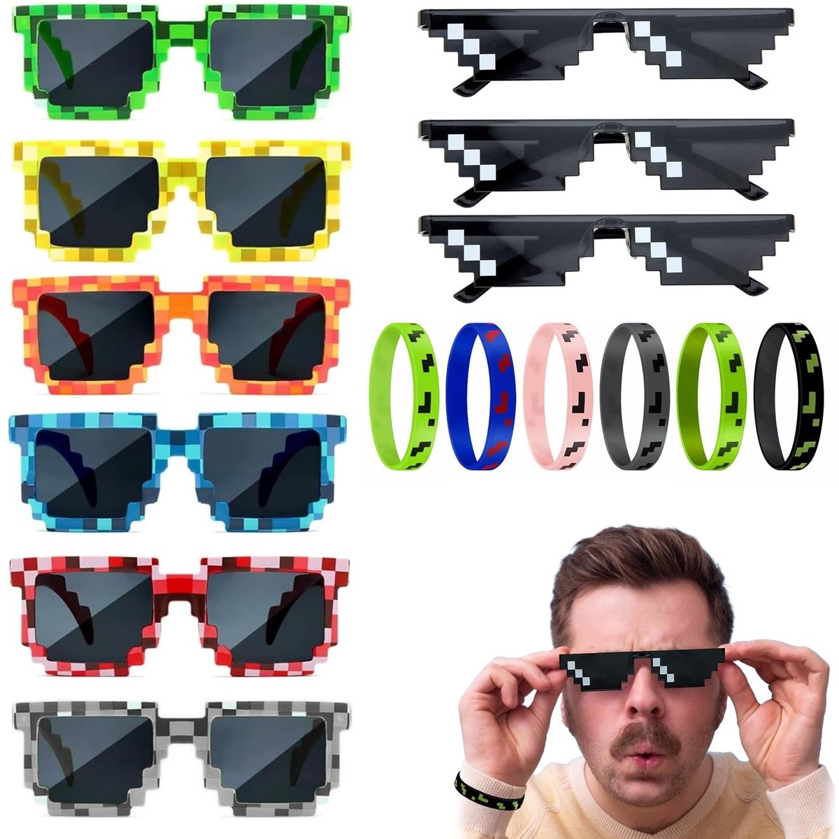 Dailygoods- Zonnebrillen Set 11 Stuks - 8 Mosaïek/Zonnebrillen - 3 Pixel-Stijl Zonnebrillen - 6 Siliconen Armbanden - Duurzaam - Perfect voor Themafeesten - Feestzonnebrillen