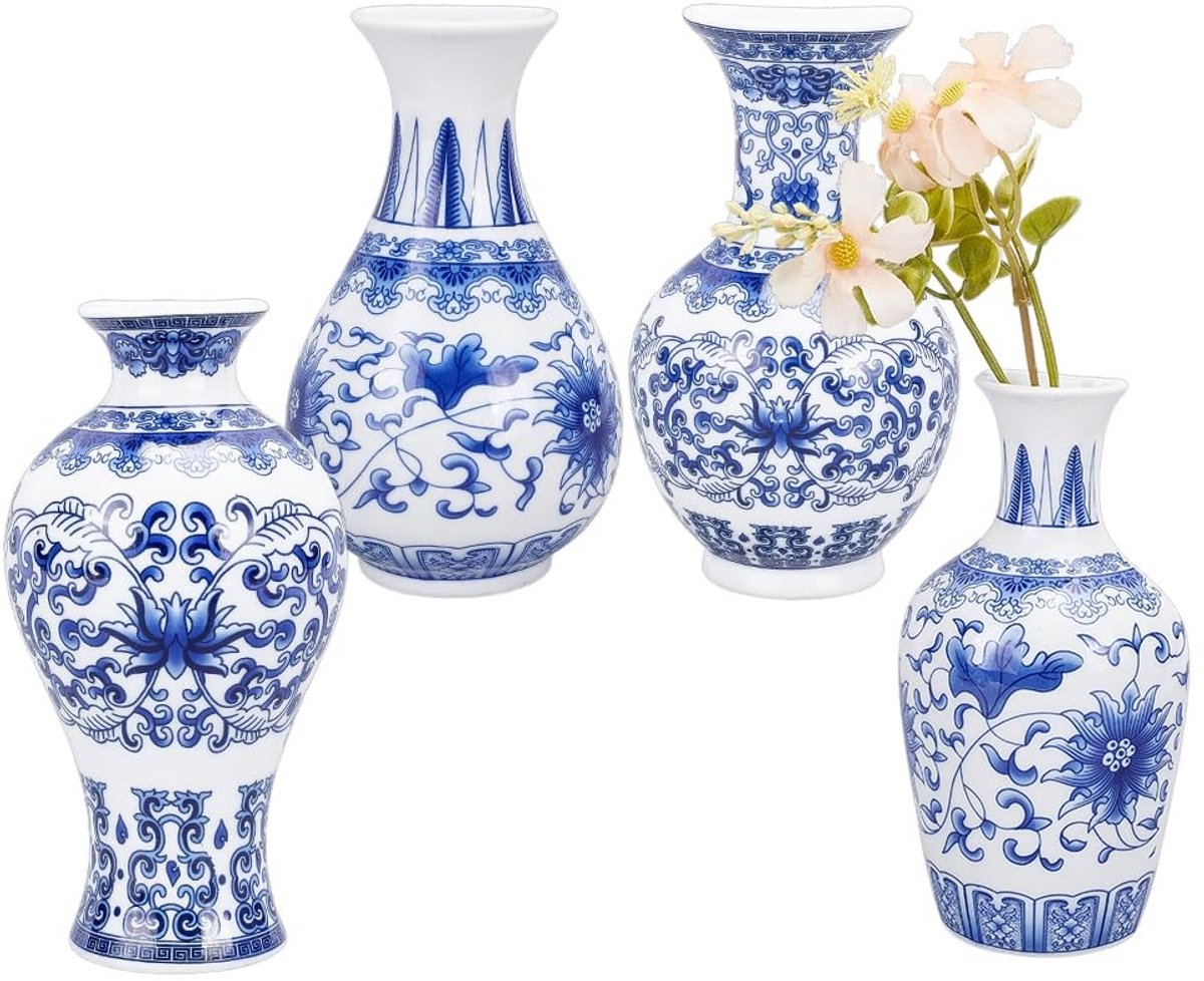 Dailygoods - 4 Stks Chinoiserie Vazen Wandmontage - Decoratieve Keramische Bloem Vazen