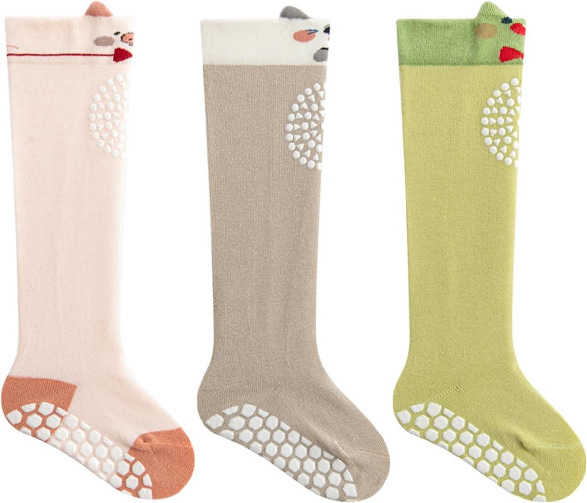 Schattige antislip sokken voor baby's - 3 paar katoenen peutersokken met siliconen grip en kniekousen voor meisjes