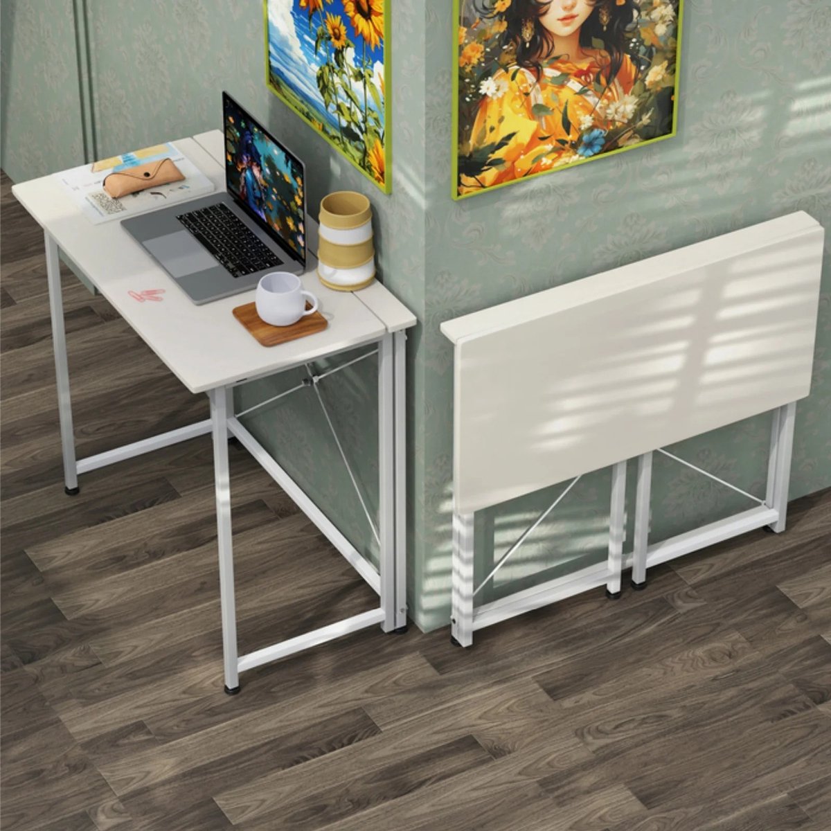Dailygoods Opklapbaar computerbureau voor kleine ruimtes, werkplekken, opklapbare computertafel, metalen frame, zwart, 8
