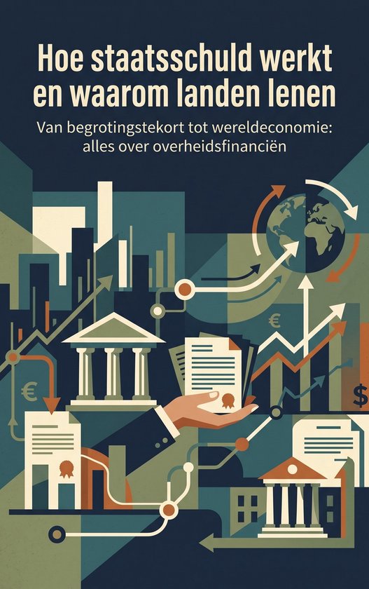 Boekomslag met de titel 'Hoe staatsschuld werkt en waarom landen lenen'. Illustraties van gebouwen, grafieken, hand en aardbol.
