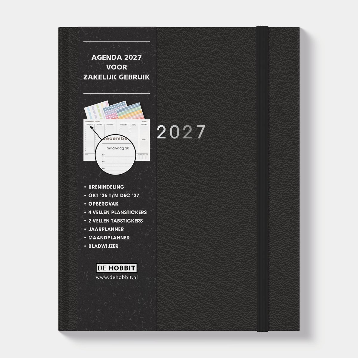 Hobbit - Zakenagenda 2027 - Afsprakenagenda - A5+ (23 x 18,5 cm) - Tijdindeling per uur - 1 week over 2 pagina's - Harde Kaft - Lederlook zwart