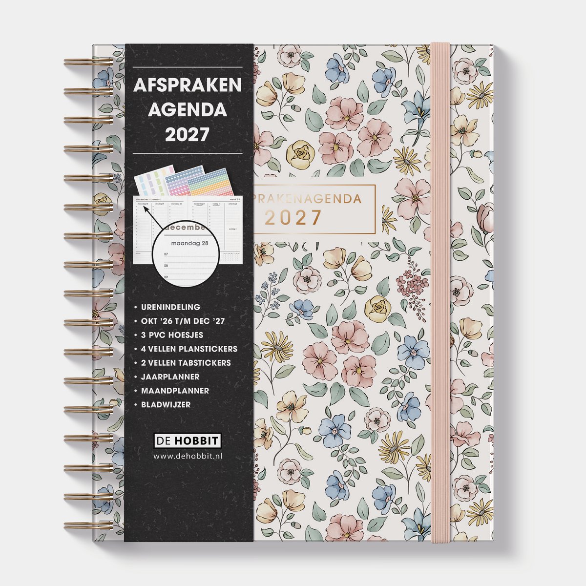 Hobbit - Afsprakenagenda 2027 - A5+ (23 x 18 cm) - Tijdindeling per uur - Zakelijke Agenda - Ringband Agenda - 1 week op 2 pagina's - Harde Kaft - Pastel Bloemetjes