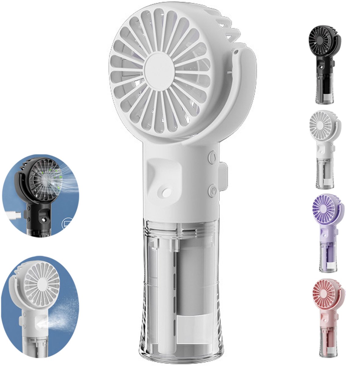 Handventilator - Ventilator Met Waternevel - 4 Standen - USB Oplaadbare Handventilator met Vernevelfunctie - Stille - voor Wandelen, Vakantie en Tuinactiviteiten - wit