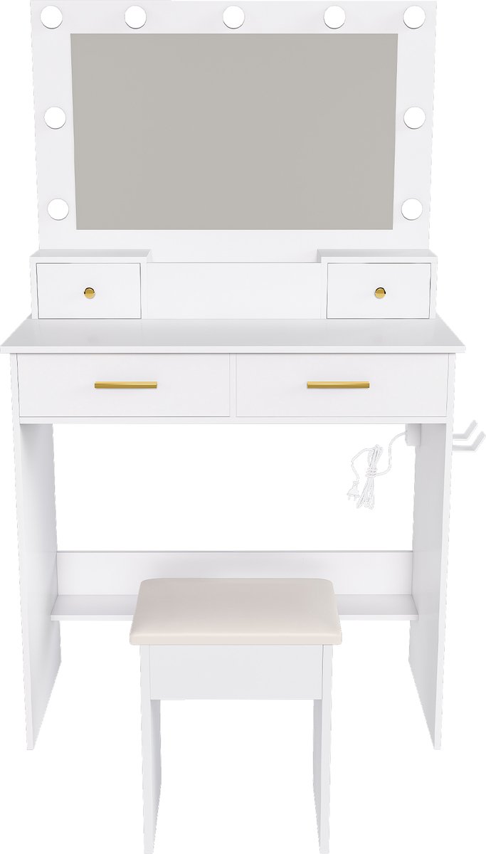 Kaptafel - Make-uptafel - Met 3-traps LED-verlichting - Met stopcontact en föhnhouder - In