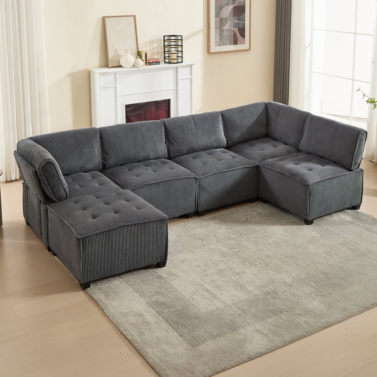 Welltin Hoekbank - Modulaire 6-zitsbank, corduroy stof, ergonomisch, opbergvakken, flexibel te combineren als U-vorm/L-vorm/slaapbank, stabiel frame - hout - metaal, eenvoudige montage - Grijs