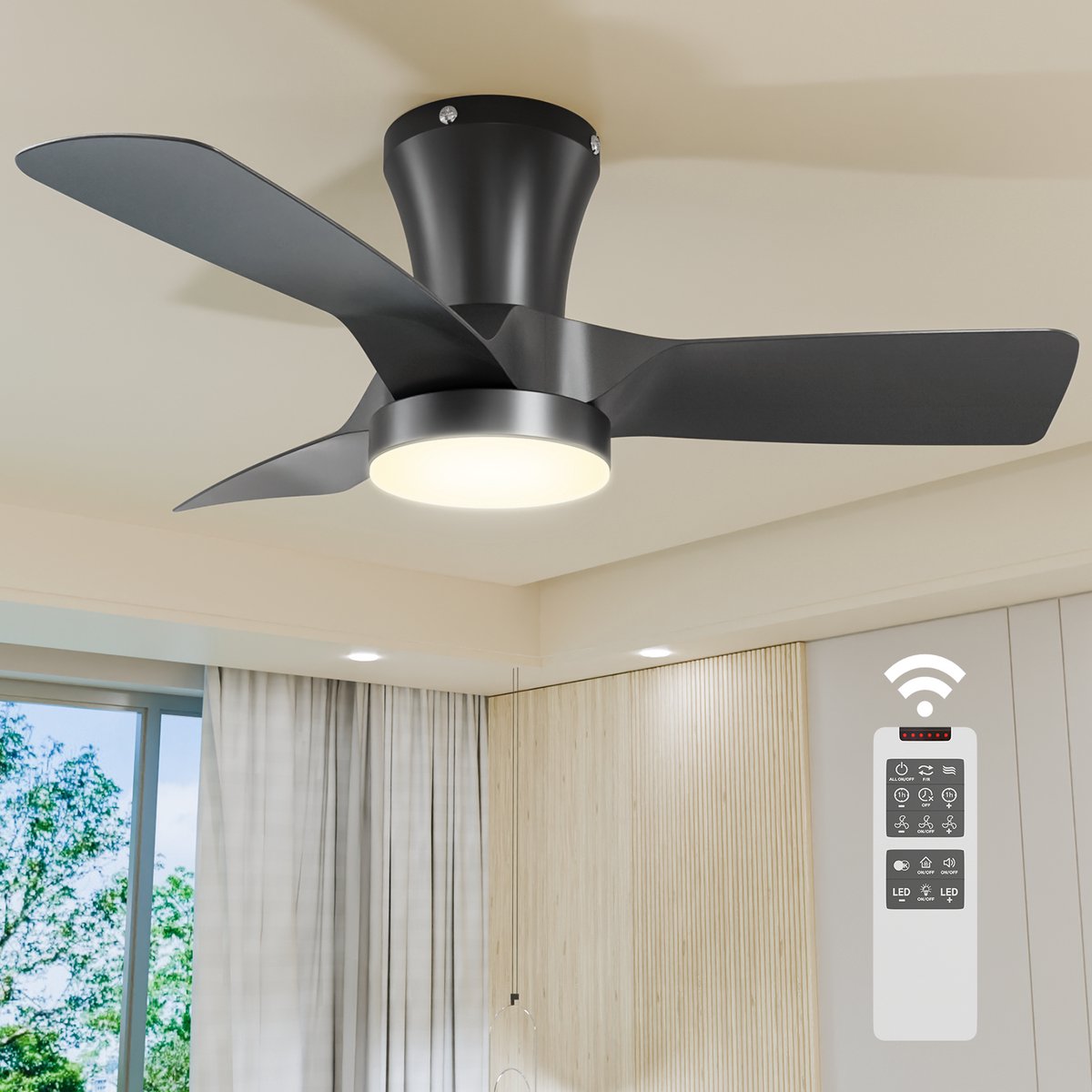 Epochglo Plafondventilator met Verlichting Klein (30"), Stille DC Motor & Afstandsbediening, 22W LED Lamp Dimbaar 3000K-6000K, 6 Standen & Timer, Zomer- en Winterstand voor Slaapkamer, Eetkamer, Woonkamer, Zwart