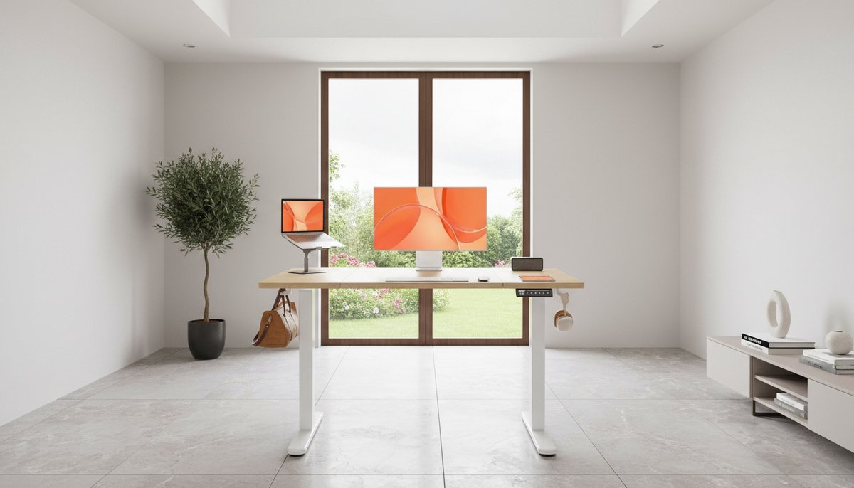 Elektrisch zit-sta bureau 180x80 cm – House&Garden – Dubbele motor, 2 motoren, ergonomisch in hoogte verstelbaar bureau, 25 mm eendelig tafelblad, USB-poorten, kabelmanagement, 100 kg draagvermogen – eiken/wit modern mobiel bureau met wielen