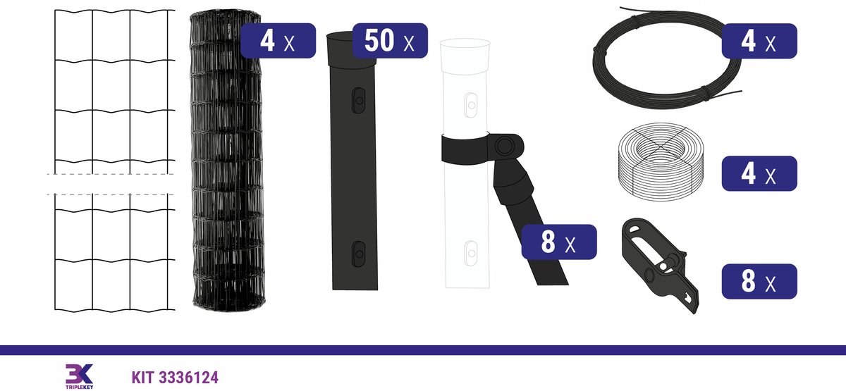 KIT 138 tuindraad +palen +accessoires, lengte 100m, hoogte 152cm, kleur zwart RAL9005