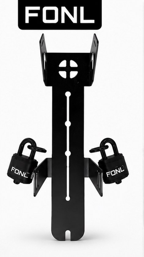 Zwart metalen fietsaccu-beugel met twee "FONL" sloten.