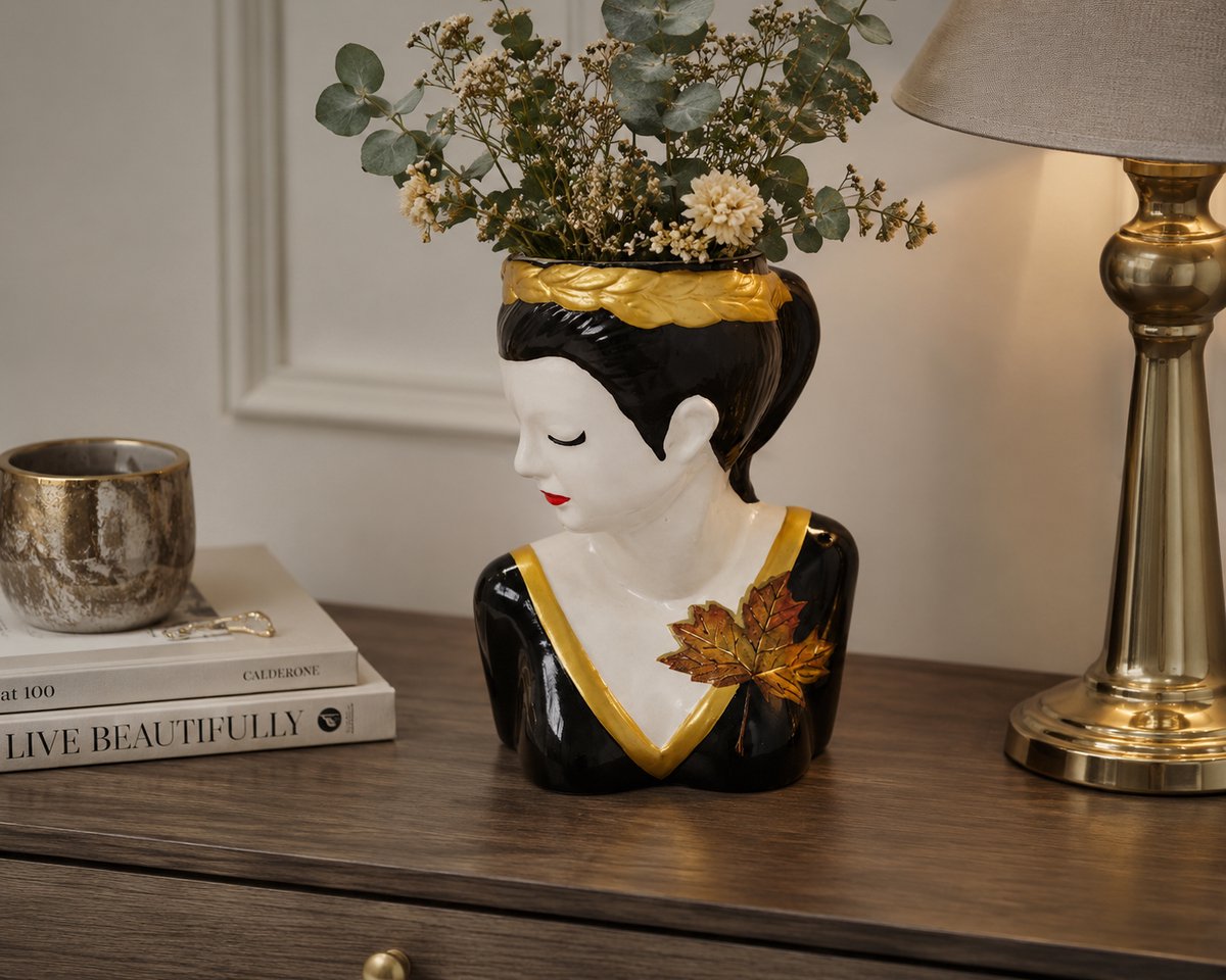 Buste Bloempot Vrouw – Zwart Wit Goud – 19,5x24x11 cm – Decoratief Vrouwenhoofd Beeld met Blad en Bloemen – Artistieke Plantenpot, Vaas & Sierobject – Luxe Woondecoratie voor Woonkamer, Hal, Kast, Tafel of Dressoir