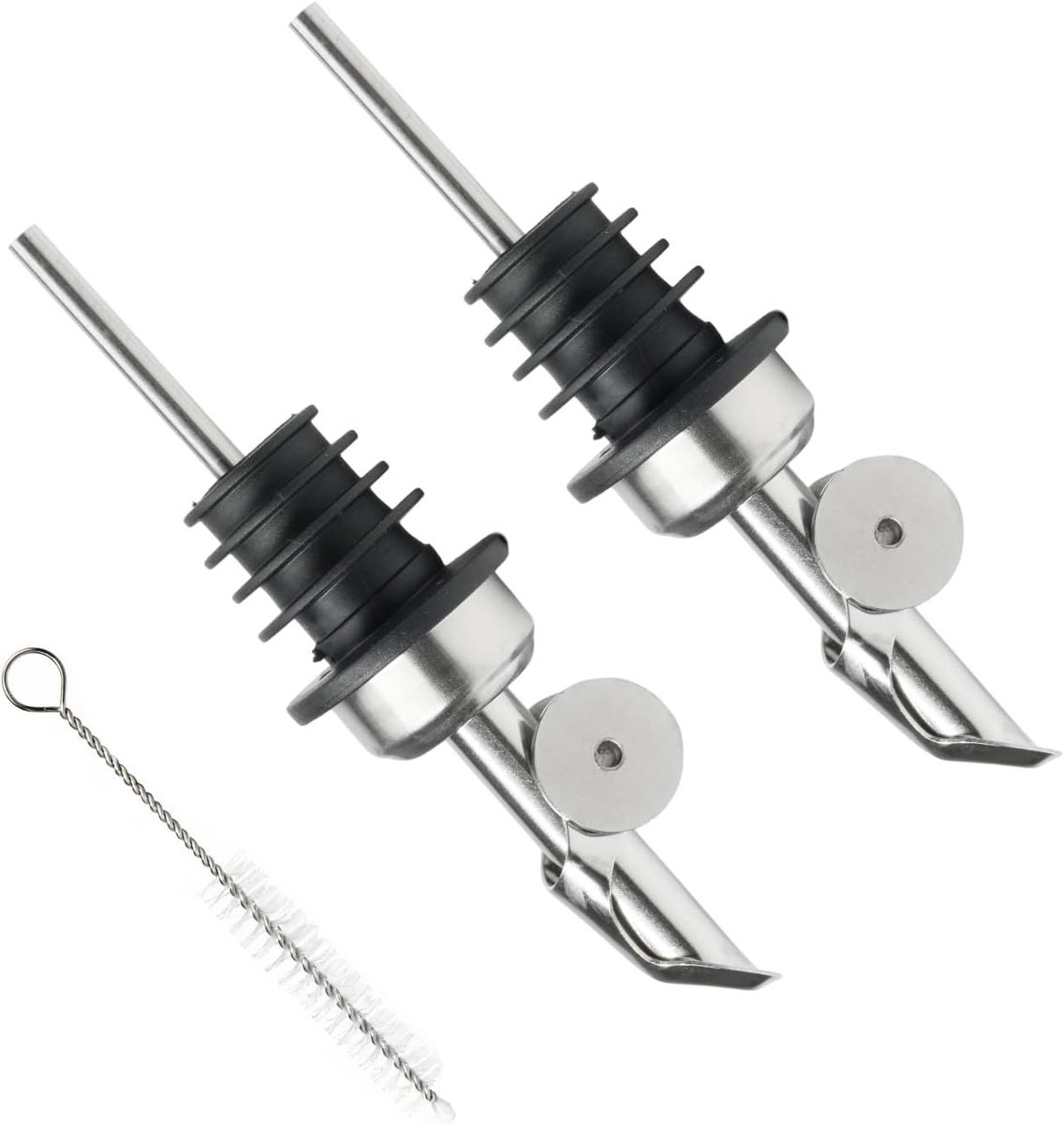 Set van 2 RVS Flesgieters met Schoonmaakborstel, Automatische Opening voor Nauwkeurig Gieten van Olie en Alcohol, Ideaal voor Keuken en Bar