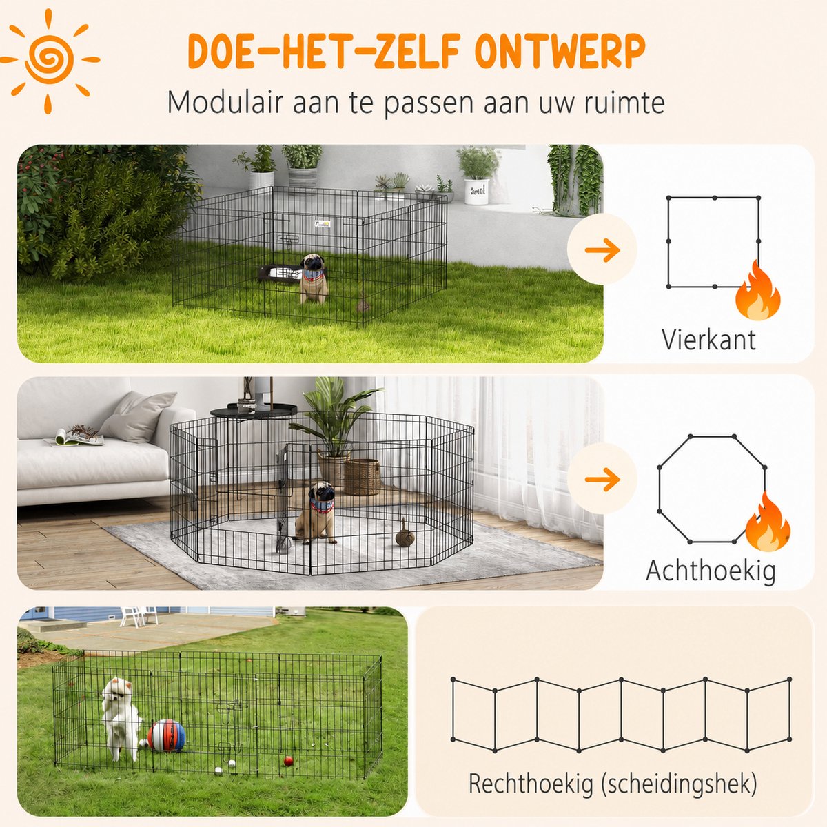 Bruinsma INEX Puppyren – Hondenren – 8 Panelen – 60 cm hoog – Hondenbench – Staal – Opvouwbaar & Duurzaam - Konijnenren thumbnail 4