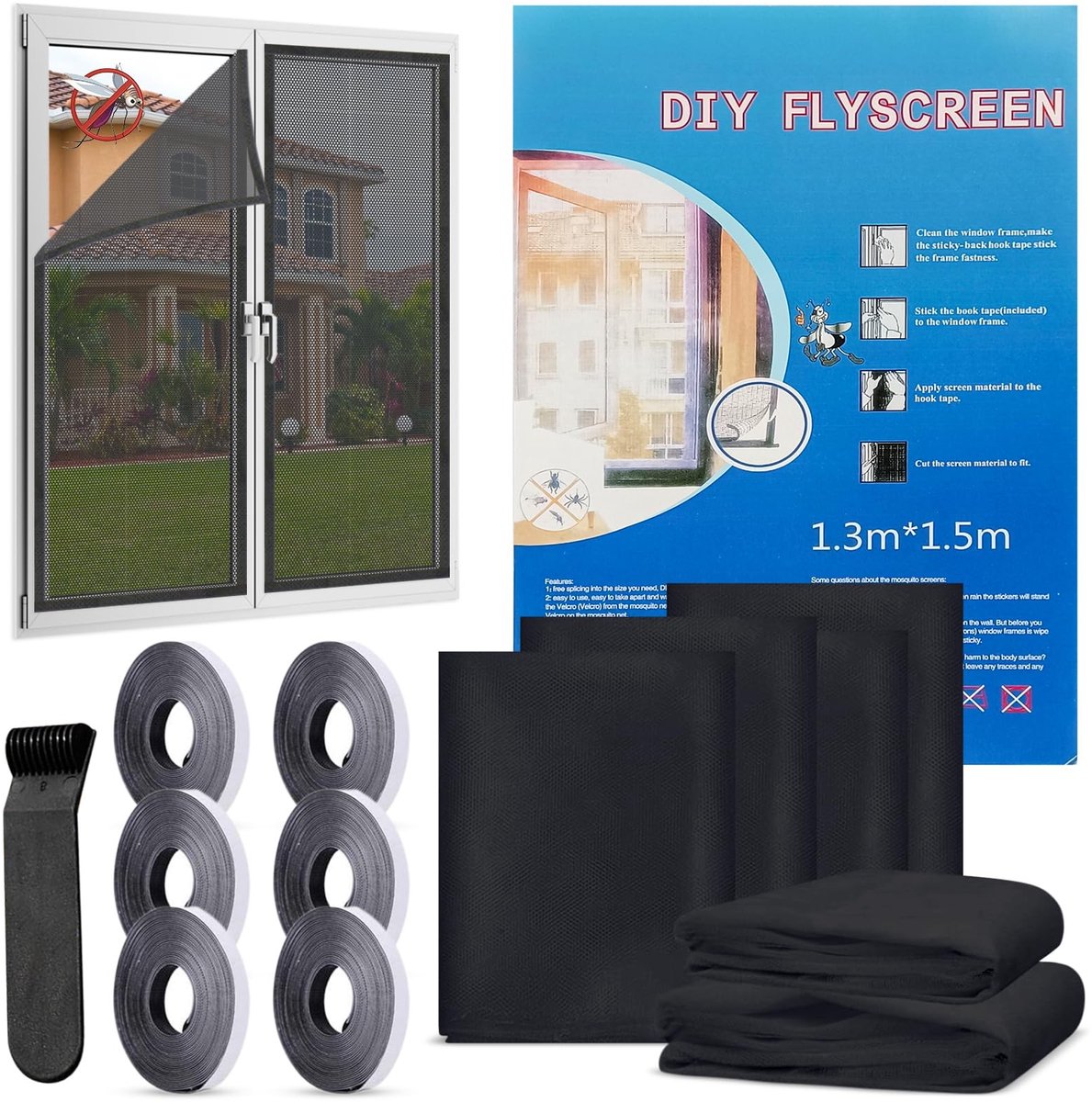 Dailygoods- Vliegengaas 130 x 150 cm - 6 Stuks - Zelfklevend Muggennet - Bescherming Tegen Insecten - Inclusief Plakband en Handleiding - Eenvoudige Installatie