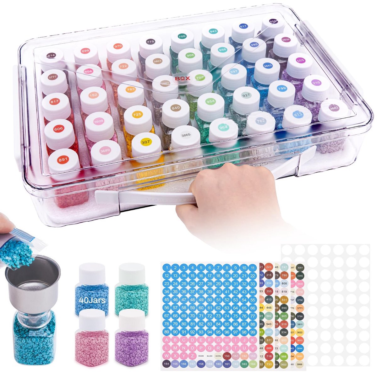 Dailygoods- Opbergdoos met 40 Vakjes - Kralenorganizer - Doorzichtige Plastic Opbergdoos - RVS Trechter - Inclusief Stickers - 20 g Inhoud - Kralenopbergdoos