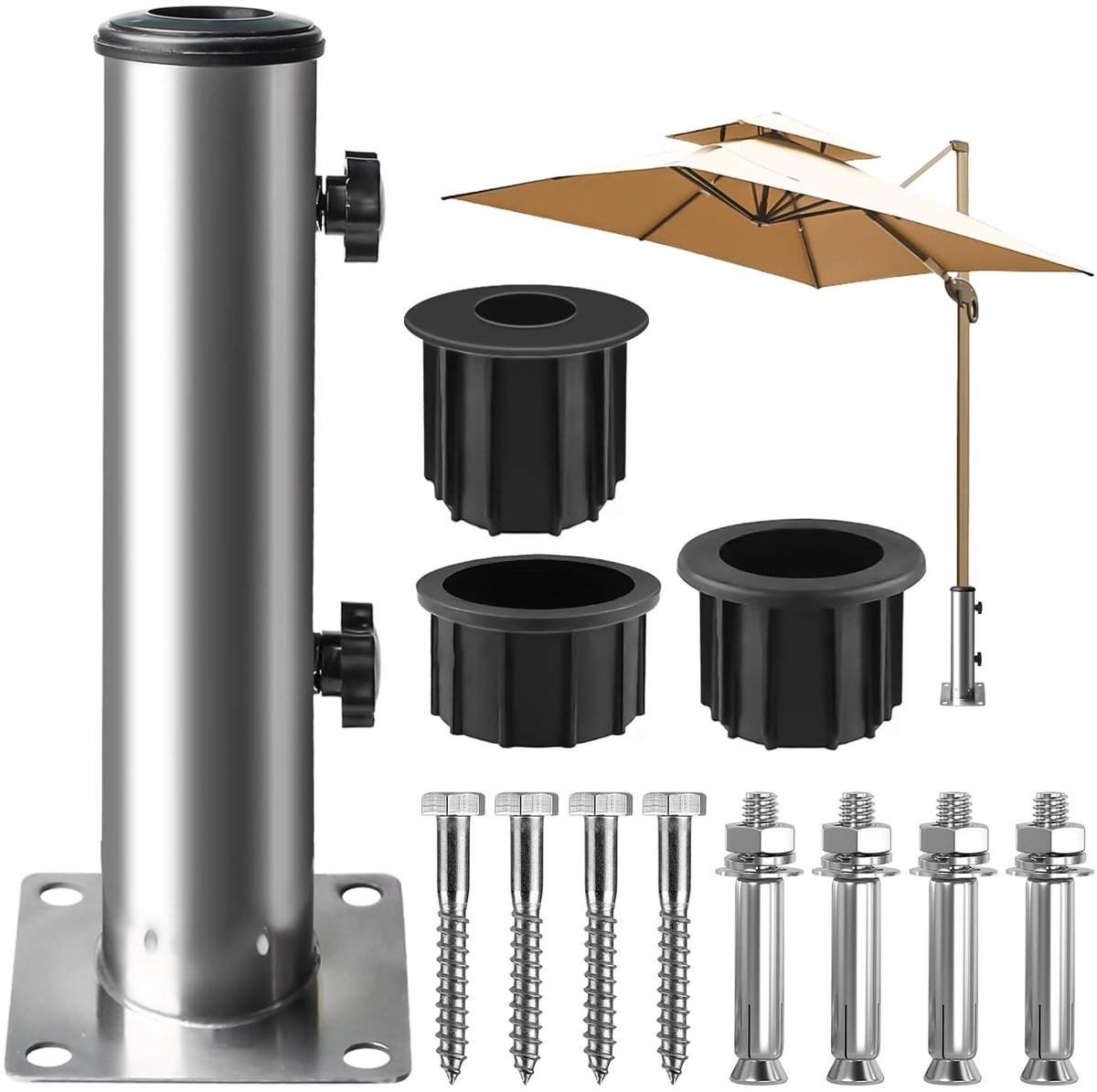 Dailygoods- Parasolvoet met wielen - Universele Parasolhouder - Vierkante Standaard - Weerbestendig - 3 Verloopringen (32/39/49 mm) - Hoogwaardige Stalen Materialen - Parasolstandaard