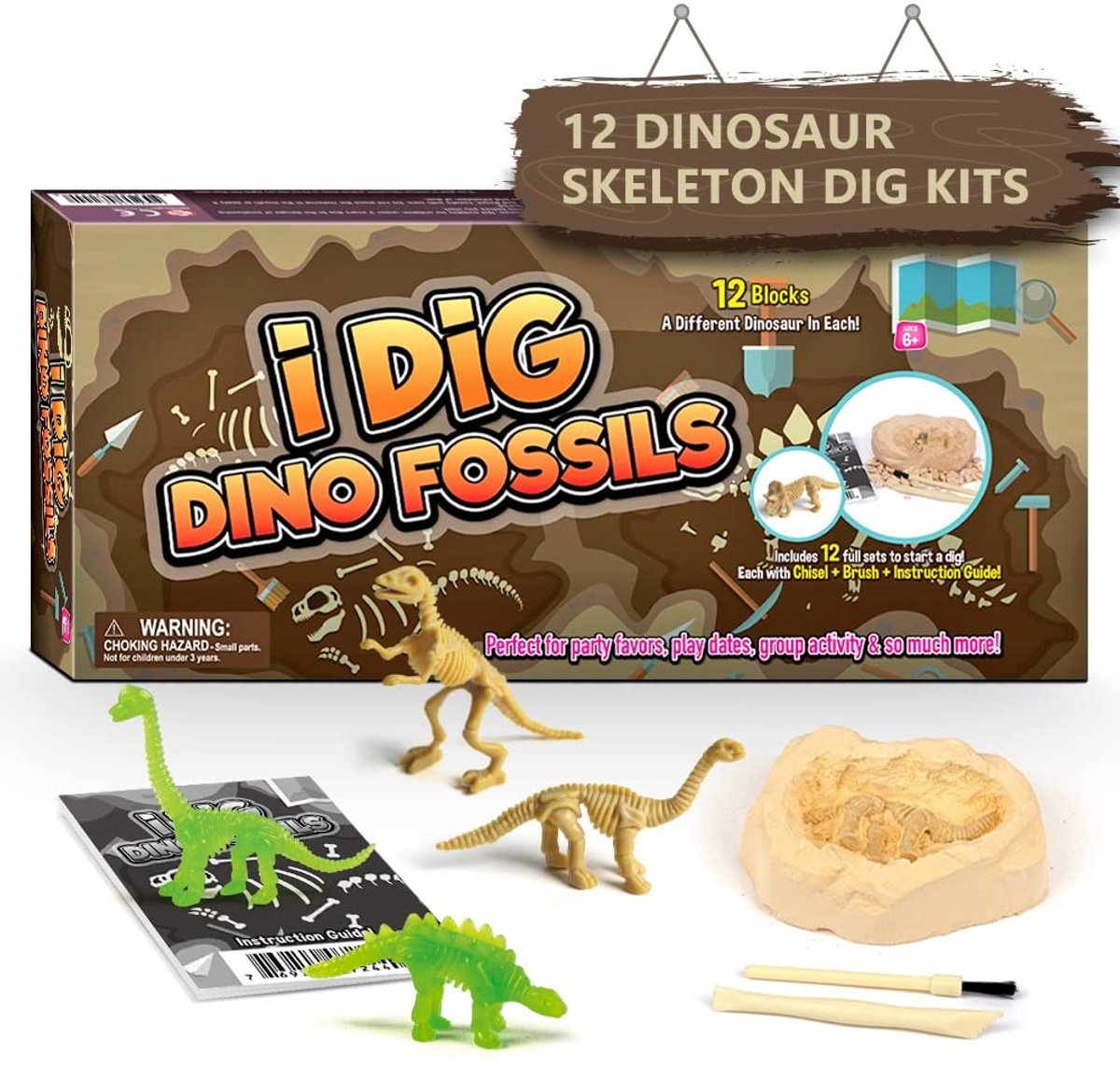 Dailygoods- Opgravingsset voor Kinderen - 12 Prehistorische Fossielen - Dinosaurusfossielen - Lichtgevende Dino-Botten - Educatief Speelgoed - Inclusief Gereedschap