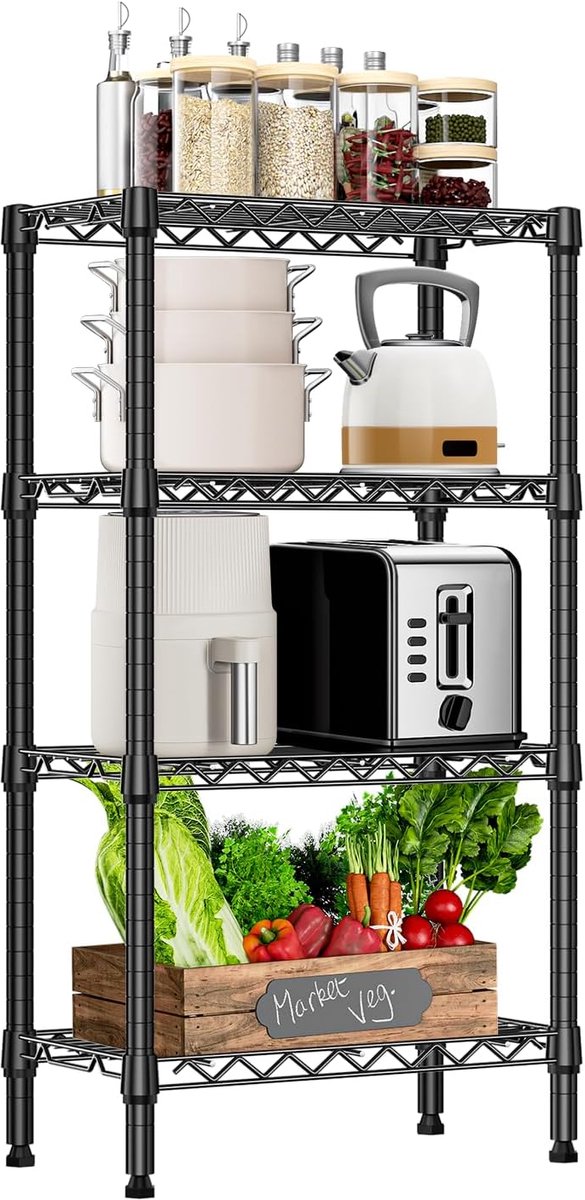 MZG Metalen Opbergrek met Verstelbare Planken, 4-Laags Stellingkast voor Keuken, Berging, Wasruimte en Garage, Vrijstaand Draadrek, 30×55×100,3 cm, Draagvermogen tot 454 kg, zwart