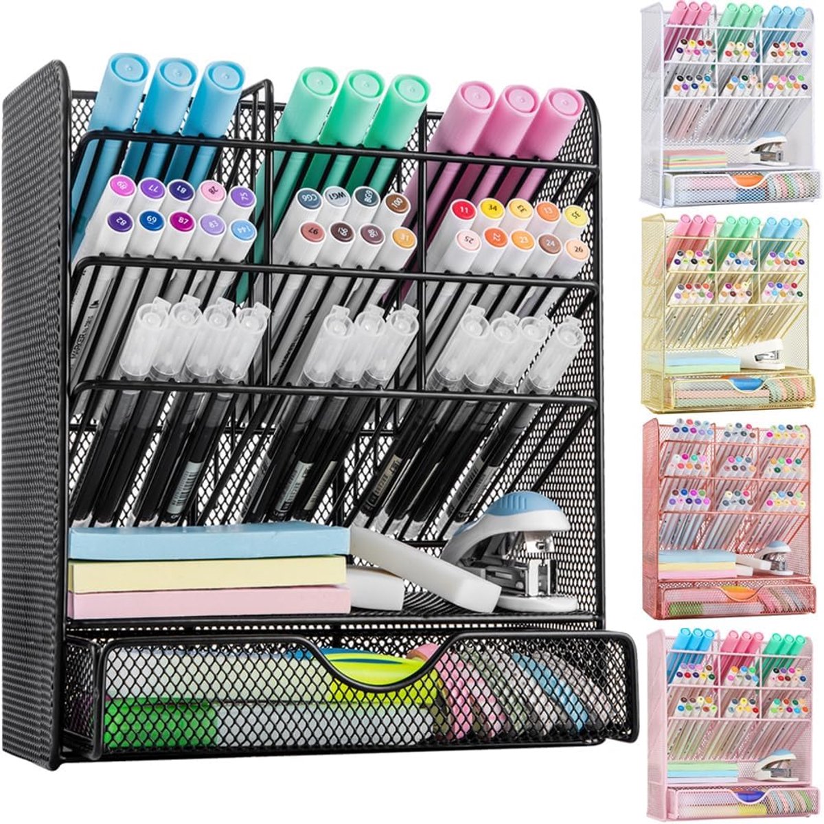 Metalen pennenorganizer, potloodhouder voor bureau, bureauorganizer met lade voor school, thuis, kunstbenodigdheden (zwart)