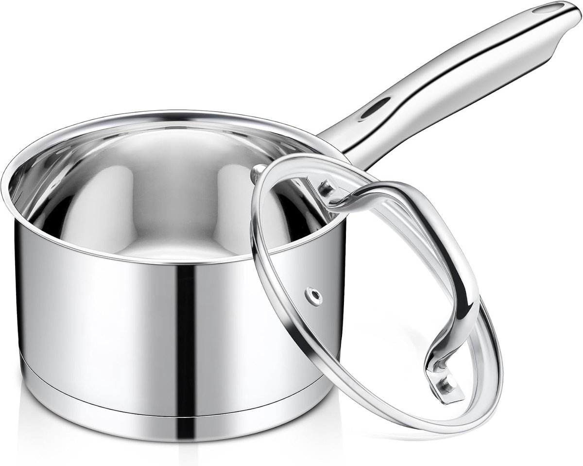 Steelpan, 16 cm, 3-laagse bodem kasserolle met glazen deksel, 1,9 liter, roestvrij staal, kleine kookpan voor koken/verwarmen/sudderen, melkpan, inductie voor alle kookplaten