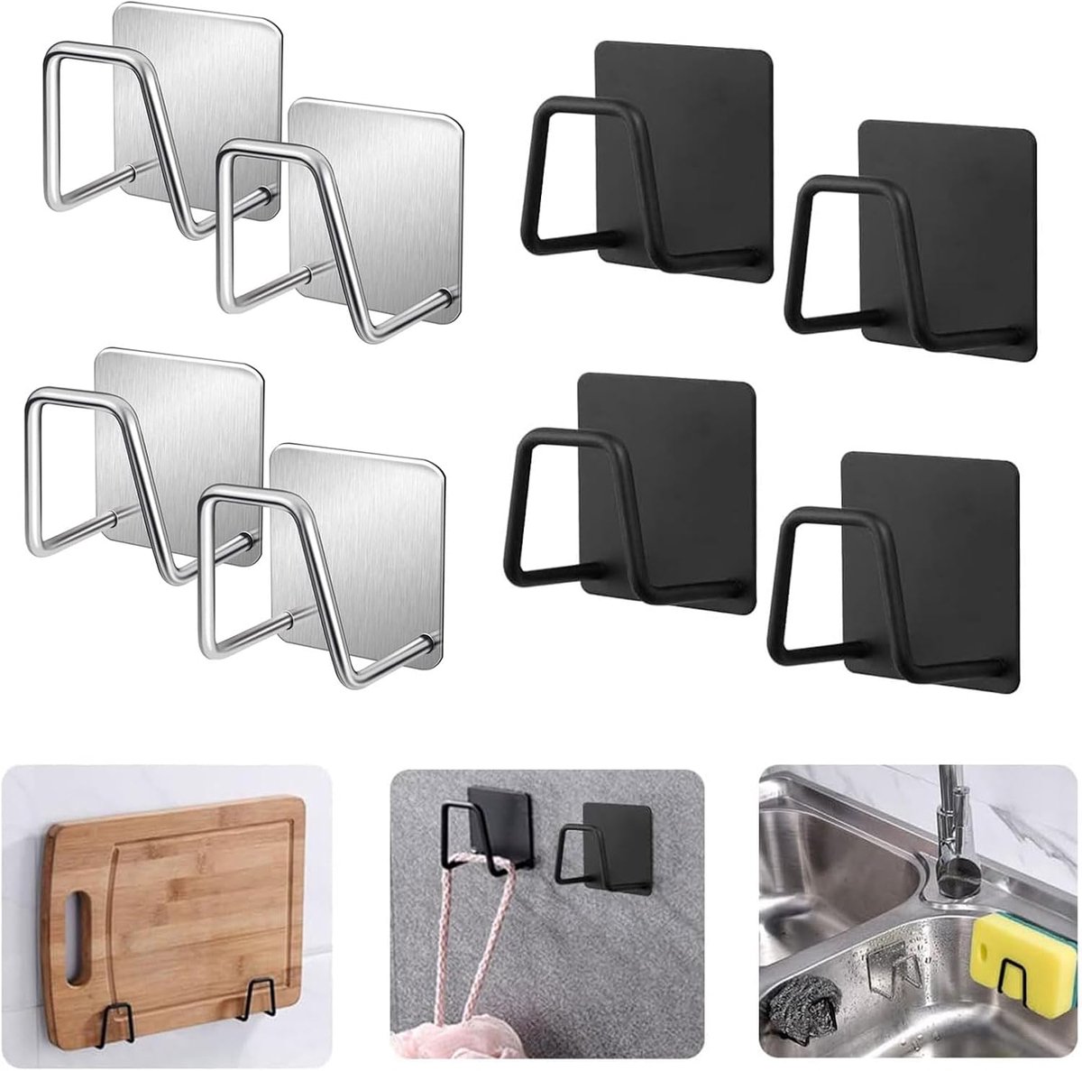 8 stuks sponshouders keuken, spoelbak-organizer, zwarte hangende sponshouder, zelfklevend, waterdichte sponshouder voor spoeldoeken, potdeksel, wastafel, badkamer, zilver en zwart